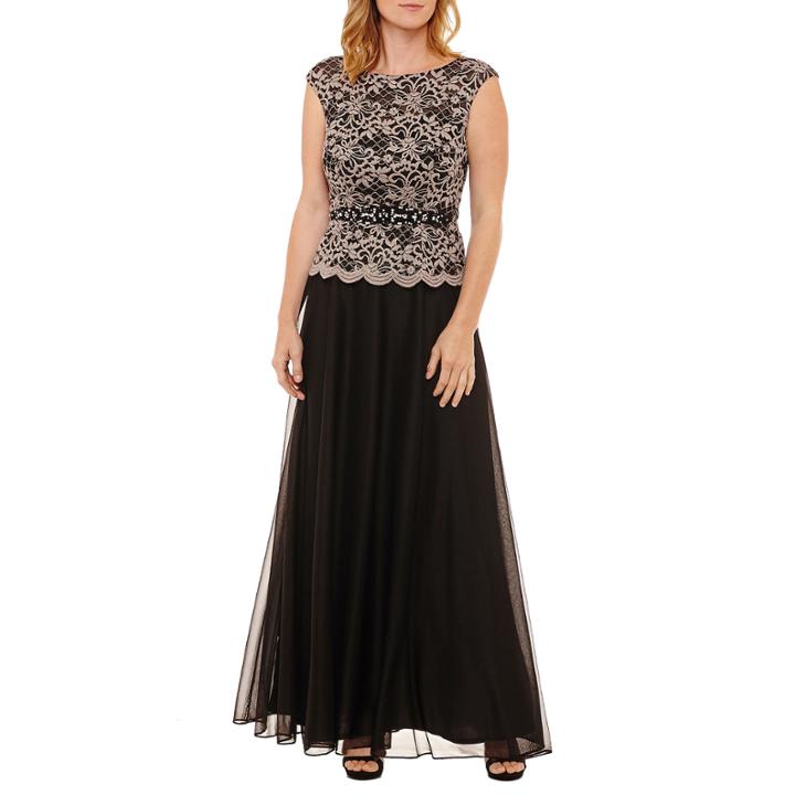 Jackie Jon Short Sleeve Beaded Evening Gown