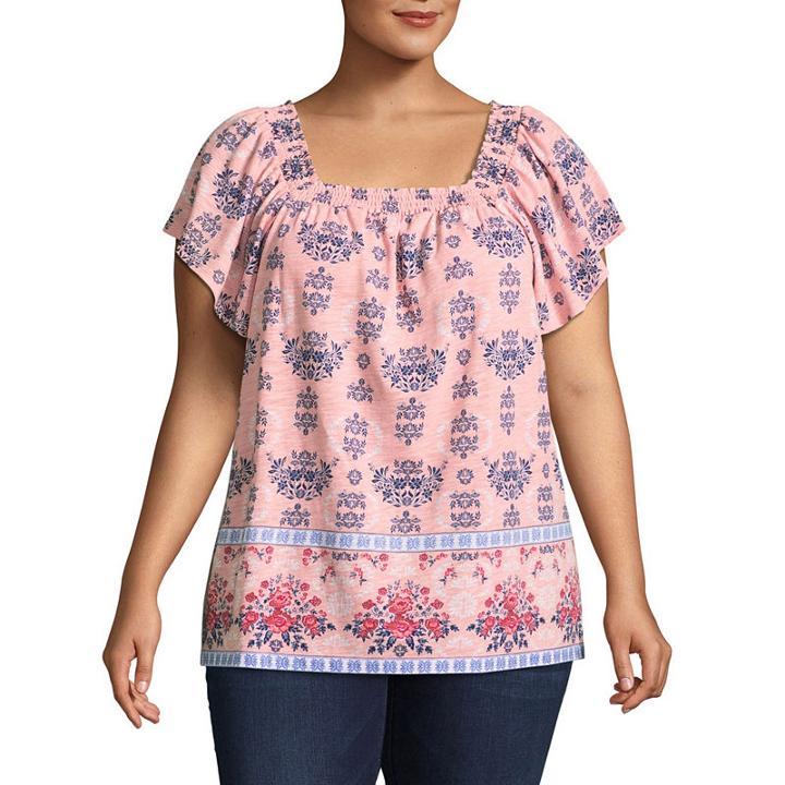 St. John's Bayshort Sleeve Square Neck Border Print - Plus