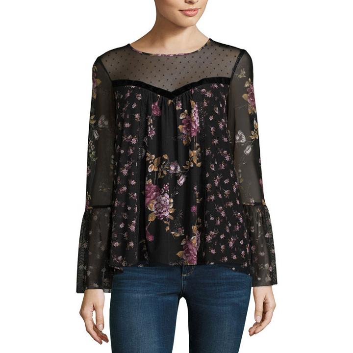 Rewind Long Sleeve Scoop Neck Mesh Blouse-juniors