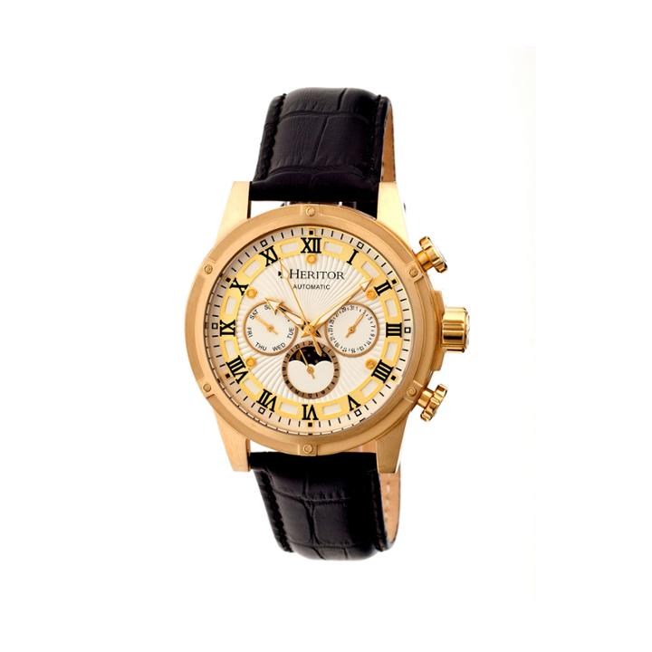Heritor Automatic Kinser Mens Leather Day & Date-gold Tone/silver Tone Watch