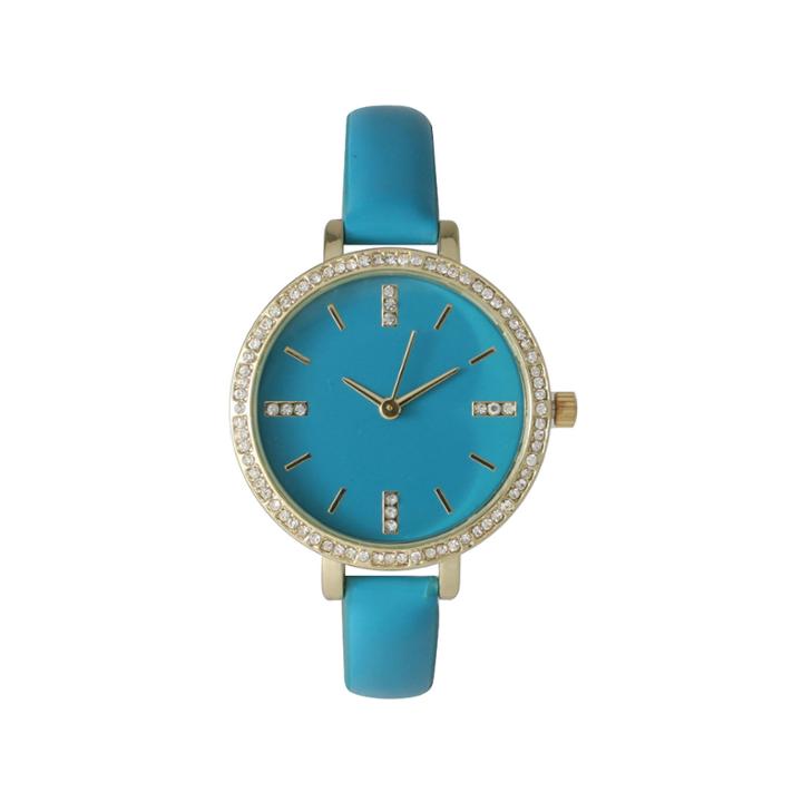 Olivia Pratt Womens Rhinestone Bezel Rhinestone Dial Turquoise Leather Watch 15321