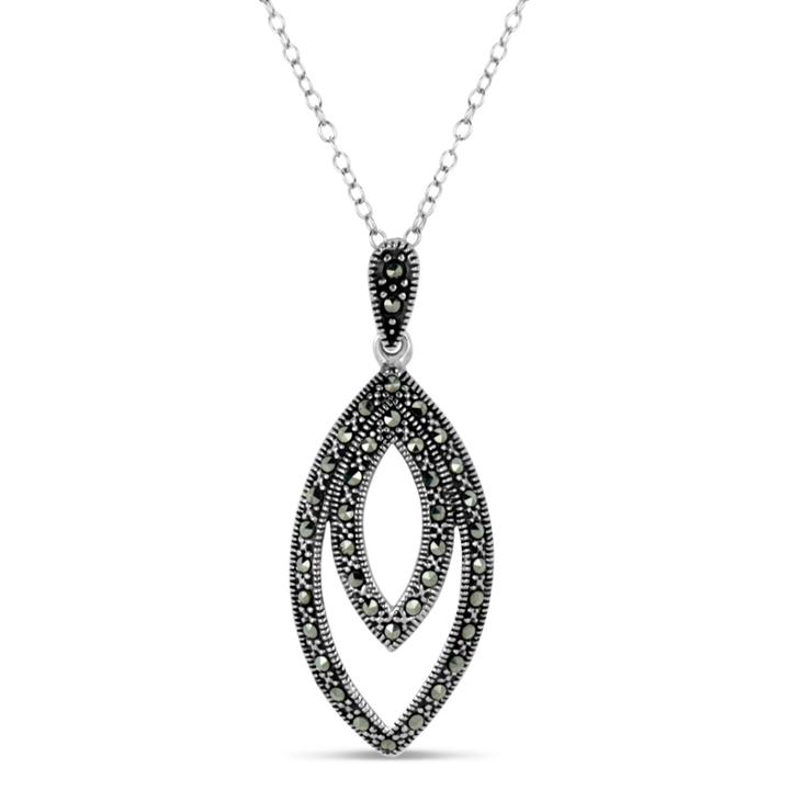 Sterling Silver Double Layered Marquise Shaped Pendant Necklace Featuring Swarovski Marcasite