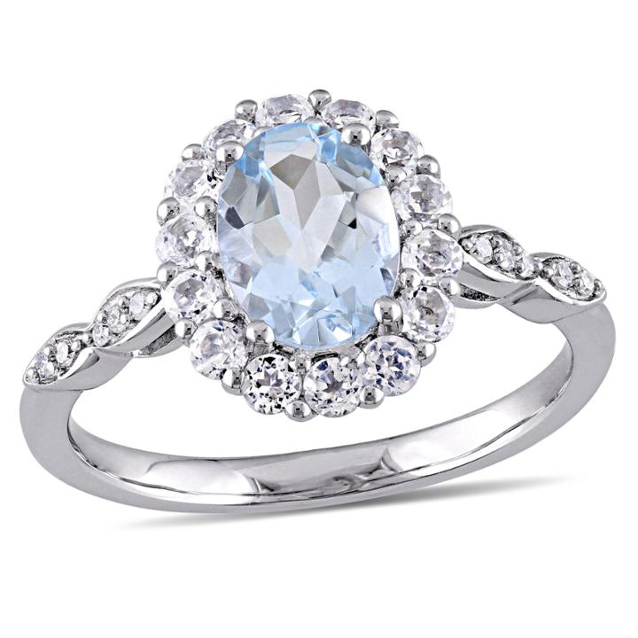 Womens Diamond Accent Blue Aquamarine 14k Gold Cocktail Ring