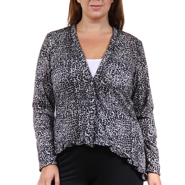 24/7 Comfort Apparel Grey Animal Print Cardigan Plus