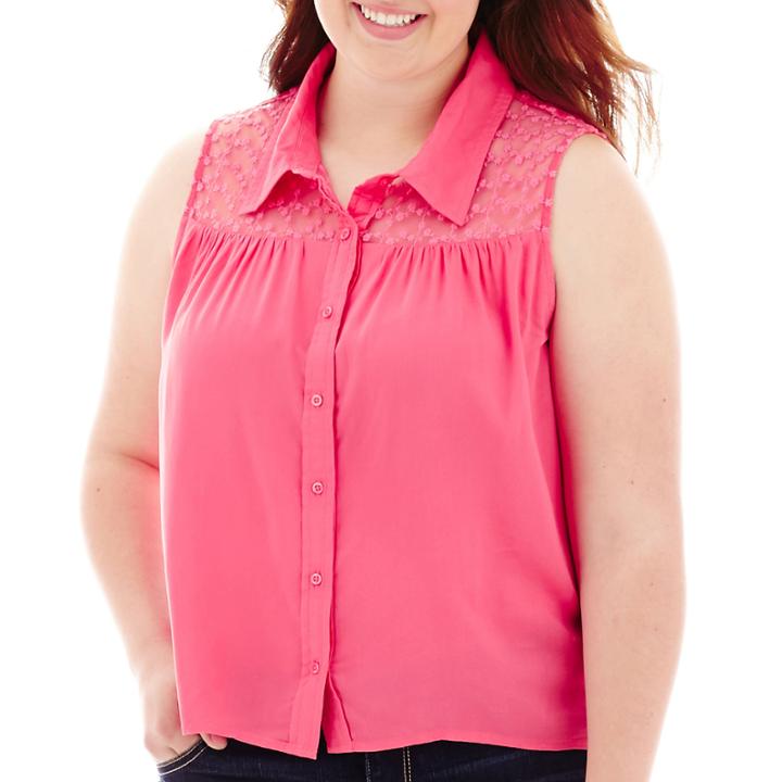 Arizona Sleeveless Button-front Mesh-yoke Top - Juniors Plus