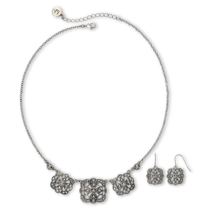 Liz Claiborne Marcasite Square Medallion Necklace & Drop Earrings Boxed Set