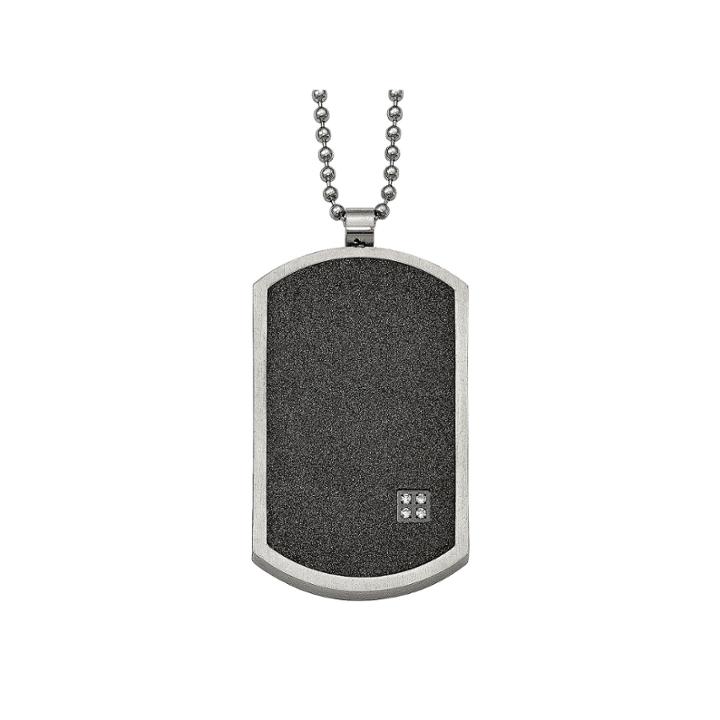 Mens Cubic Zirconia Stainless Steel & Black Ion-plated Dog Tag Pendant