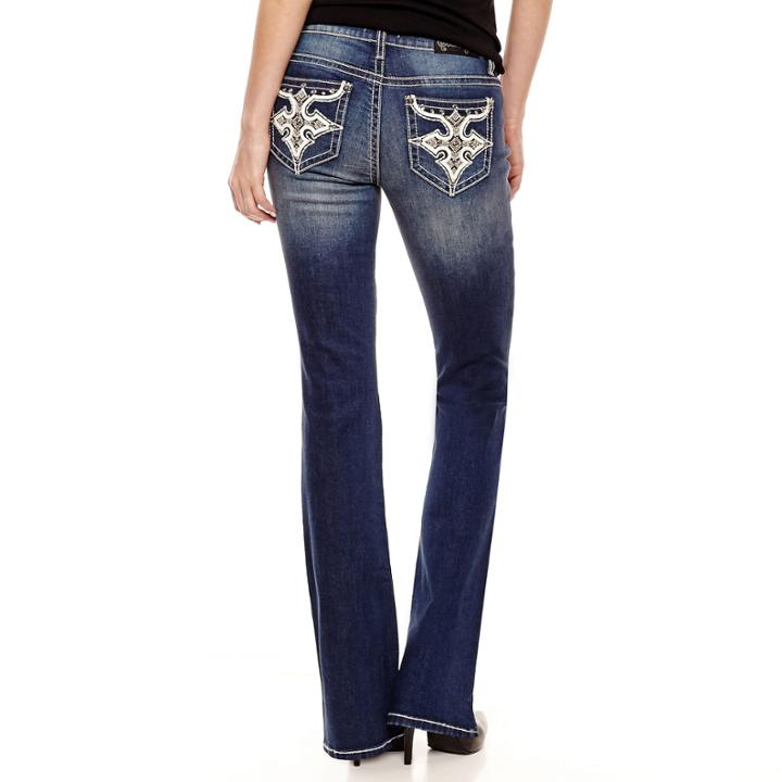 Soundgirl Faux Leather-pocket Destructed Bootcut Jeans