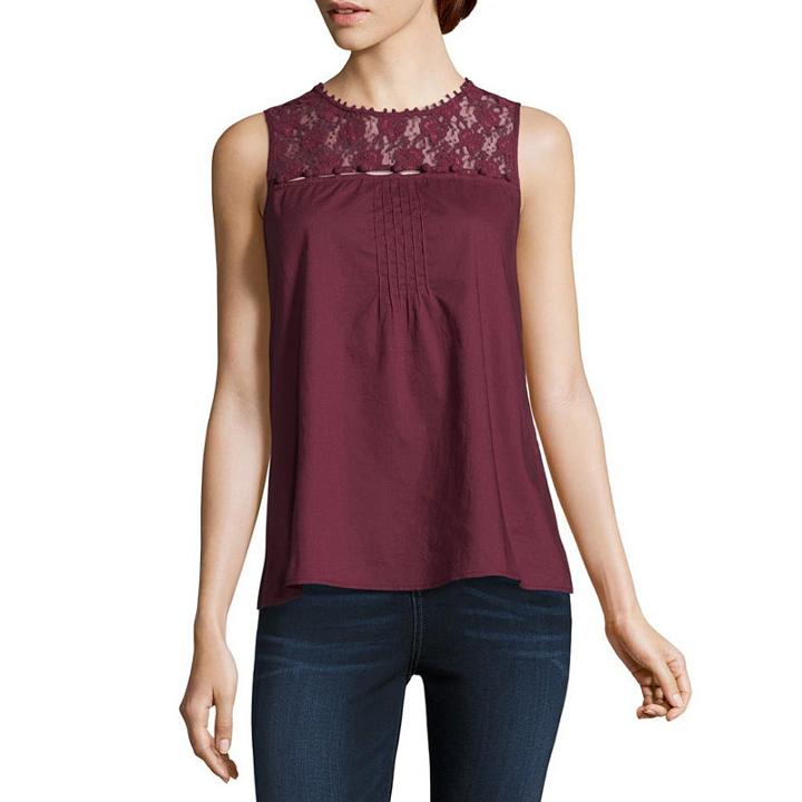 Libby Edelman Lace Yoke Sleeveless Round Neck Woven Blouse