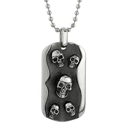 Mens Two-tone Stainless Steel Skull Dog Tag Pendant Necklace