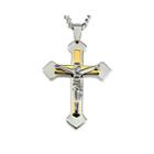 Mens Two-tone Stainless Steel And Yellow Ip Crucifix Pendant Necklace