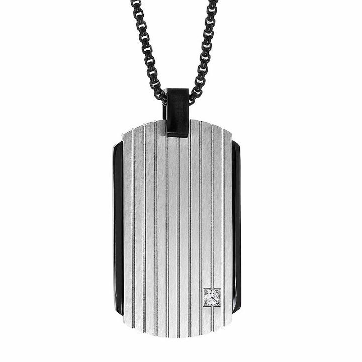 Mens White Cubic Zirconia Sterling Silver Dog Tag Pendant Necklace