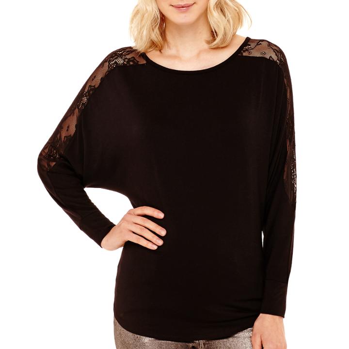 Bisou Bisou Long Dolman-sleeve Lace-shoulder Top