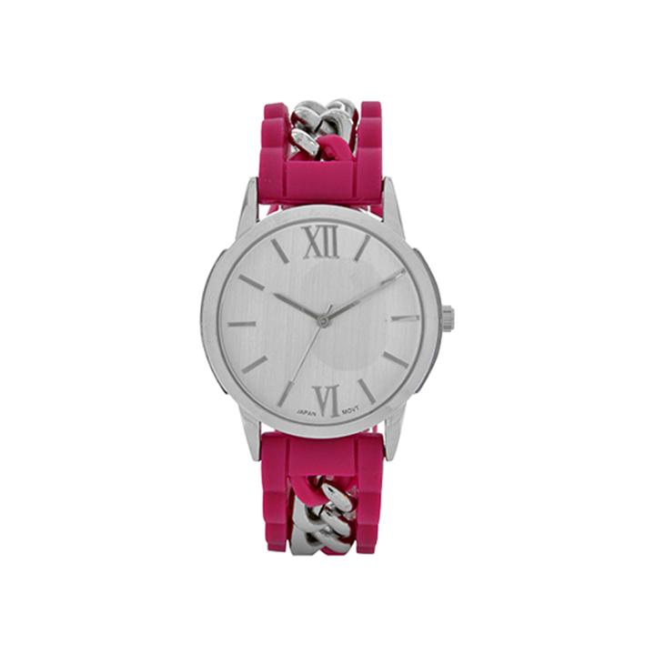 Womens Pink Silicone And Silver-tone Strap Watch