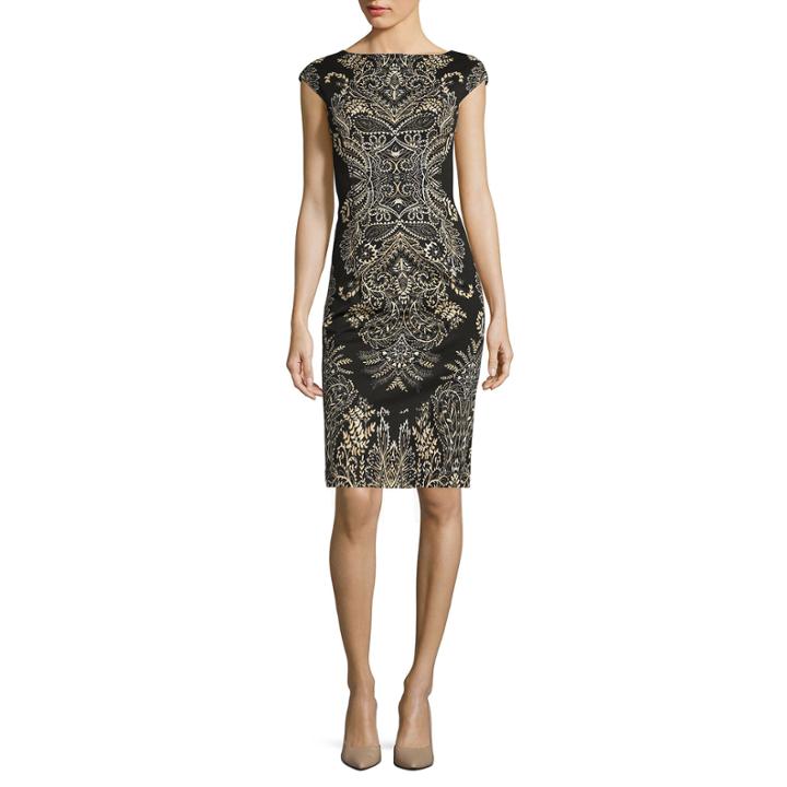 London Times Cap-sleeve Scroll Sheath Dress
