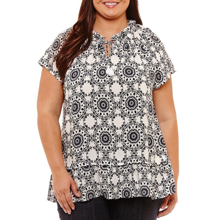St. John's Bay Short Sleeve Peplum Blouse With Tassels-plus