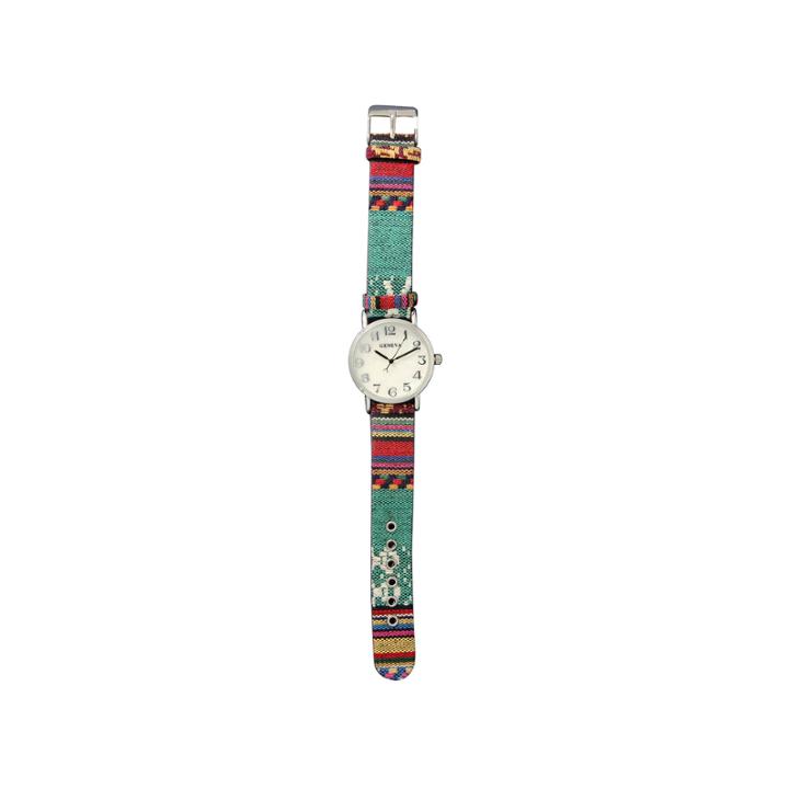 Olivia Pratt Womens Silver-tone Faux Mop Dial Teal-red Patterned Fabric Strap Watch 10352tr