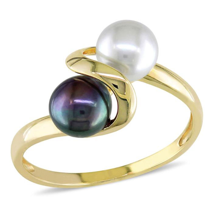 Cultured Freshwater White And Black Pearl 10k Yellow Gold Ring