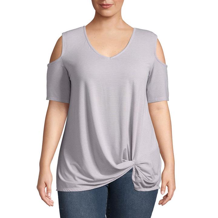 Boutique + Short Sleeve Woven Stripe Blouse-plus