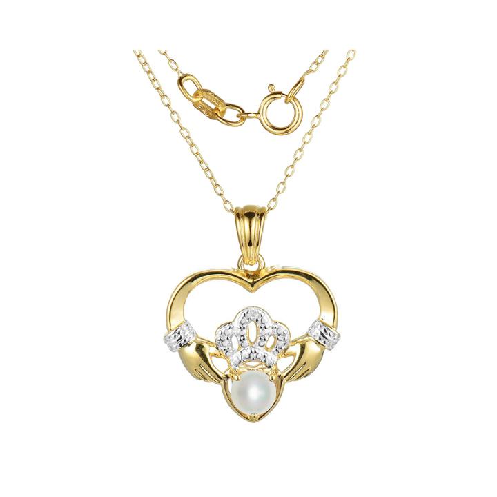 Cultured Freshwater Pearl And Diamond-accent Claddagh Pendant Necklace