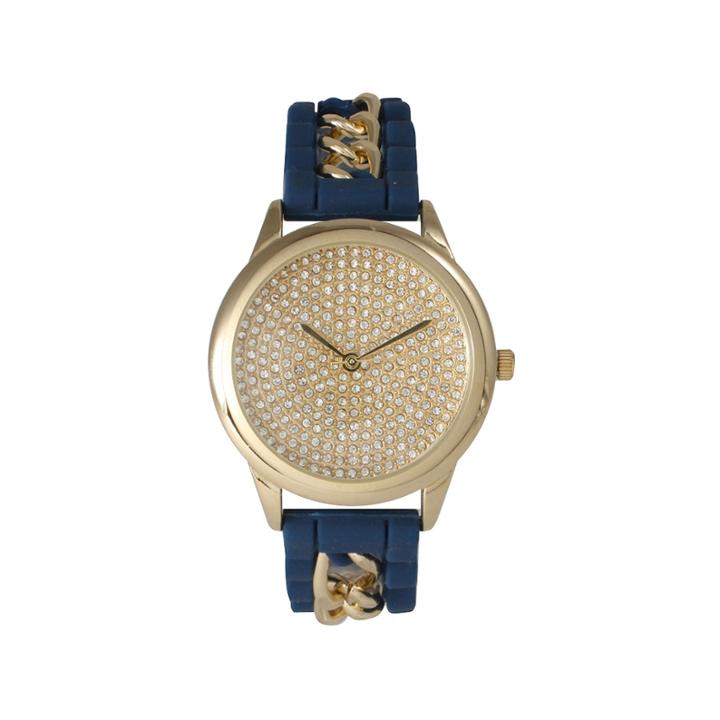 Olivia Pratt Womens Gold-tone Rhinestone Dial Navy Silicone Band With Chainlink Accents Watch 8213