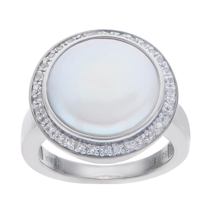 Cultured Freshwater Coin Pearl And Genuine White Topaz Sterling Silver Ring