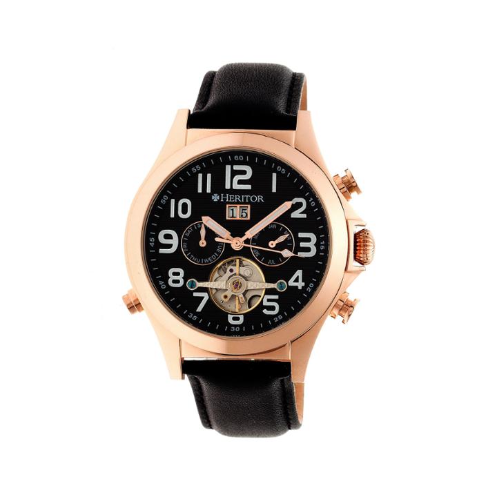 Heritor Automatic Adams Mens Skeleton Black Leather Watch