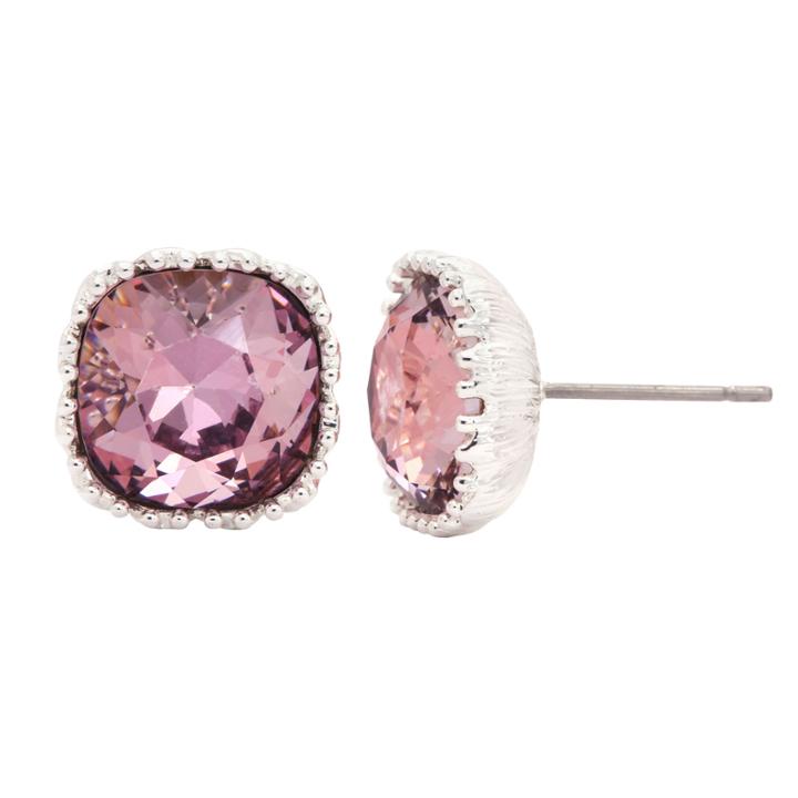 City Rocks Swarvorski Cushion Pink Brass Silver Over Brass Stud Earrings