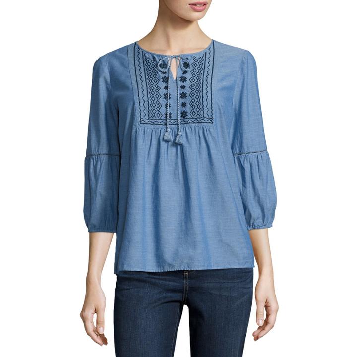 St. John's Bay Embroidered Tassel Blouse