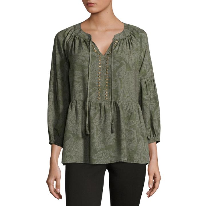 Liz Claiborne 3/4 Sleeve Split Neck Studded Blouse