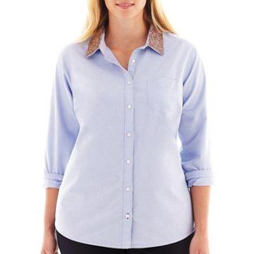 Jcp Long-sleeve Embellished Oxford Shirt - Plus