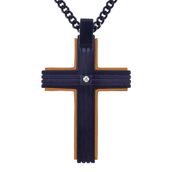 Mens White Cubic Zirconia Stainless Steel Cross Pendant Necklace