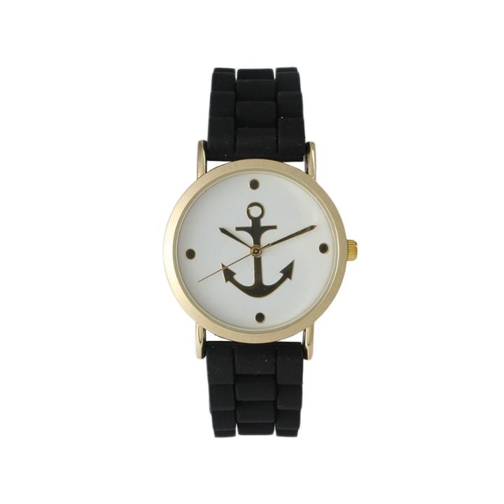 Olivia Pratt Womens Gold Anchor Emblem Dial Black Silicone Watch