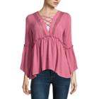 Self Esteem Long Sleeve V Neck Woven Blouse-juniors