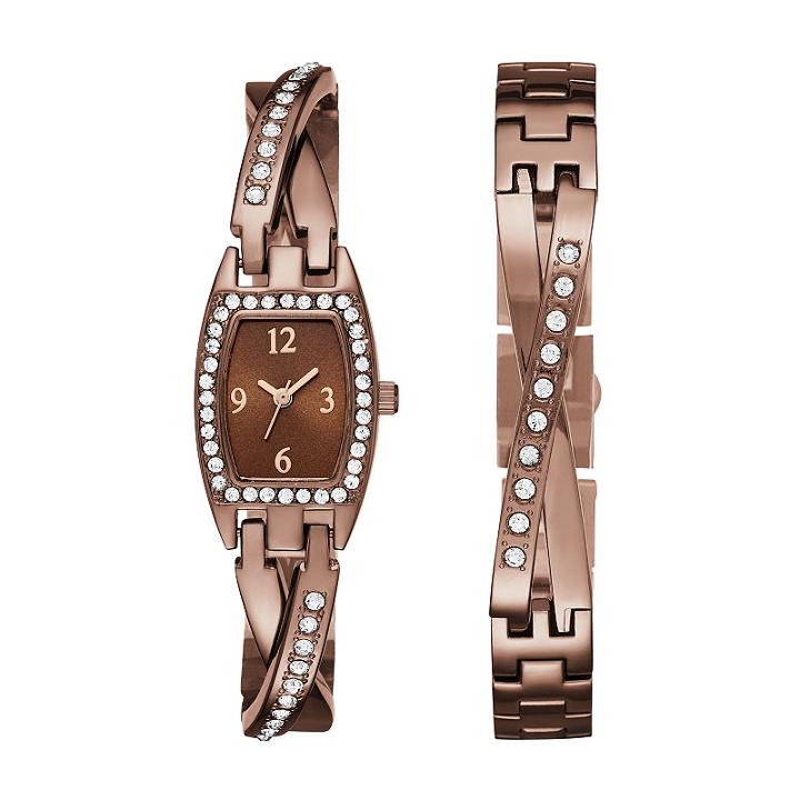 Geneva Womens Brown Bangle Watch Boxed Set