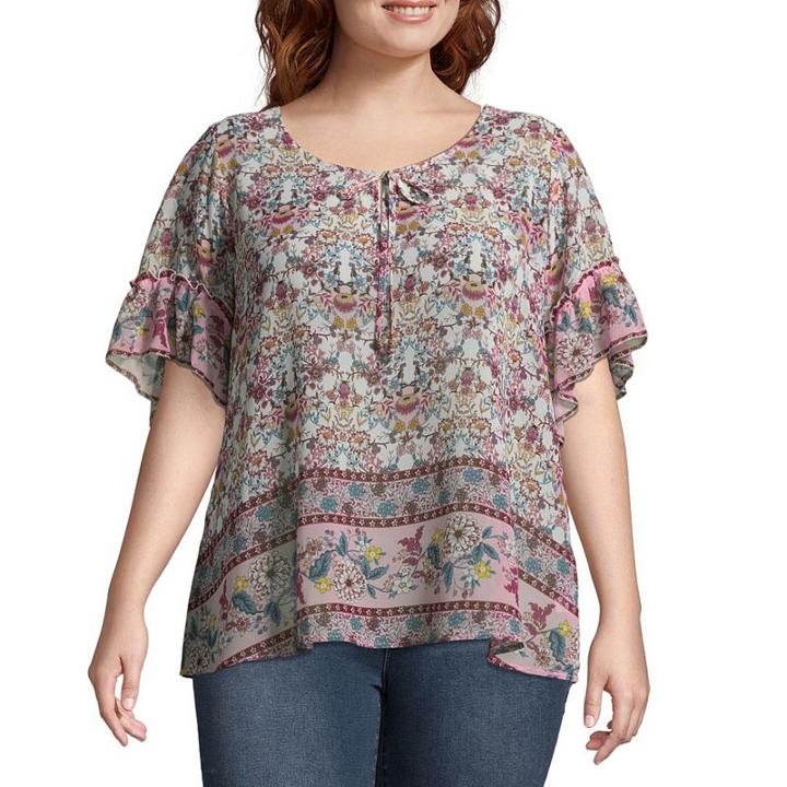 Short Sleeve Ruffle Peasant Blouse - Plus