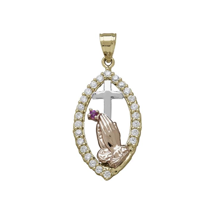 Tesoro&trade; Red Cubic Zirconia 14k Tri-color Gold Praying Hands And Cross Pendant