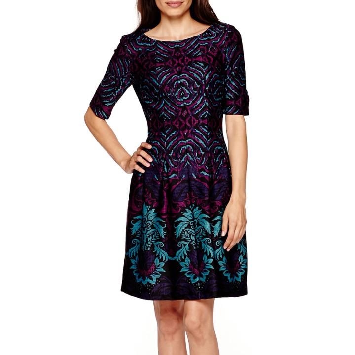 Danny & Nicole Elbow-sleeve Print Scuba Fit-and-flare Dress - Petite