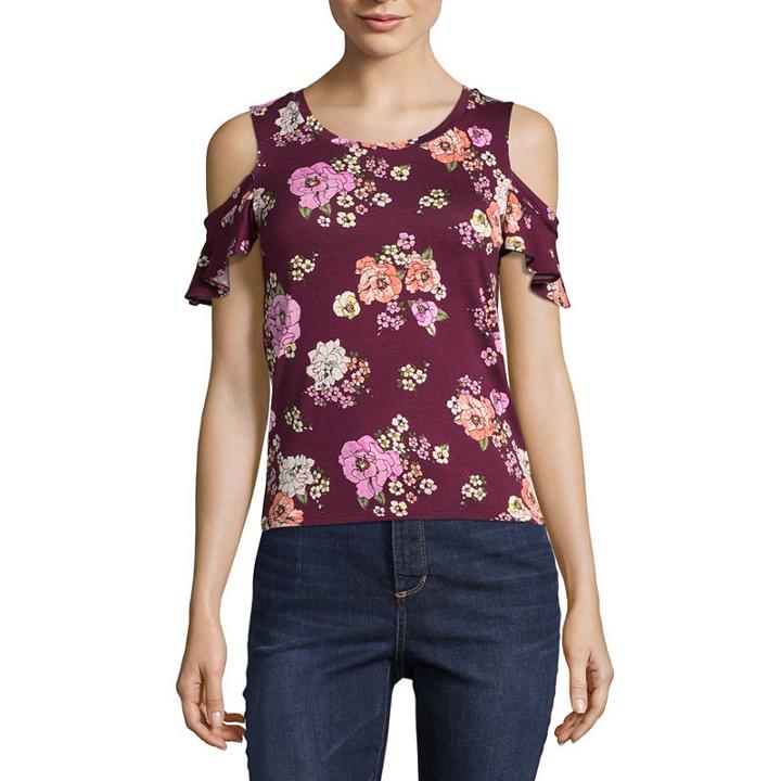 Arizona Short Sleeve Crew Neck Floral T-shirt-womens Juniors