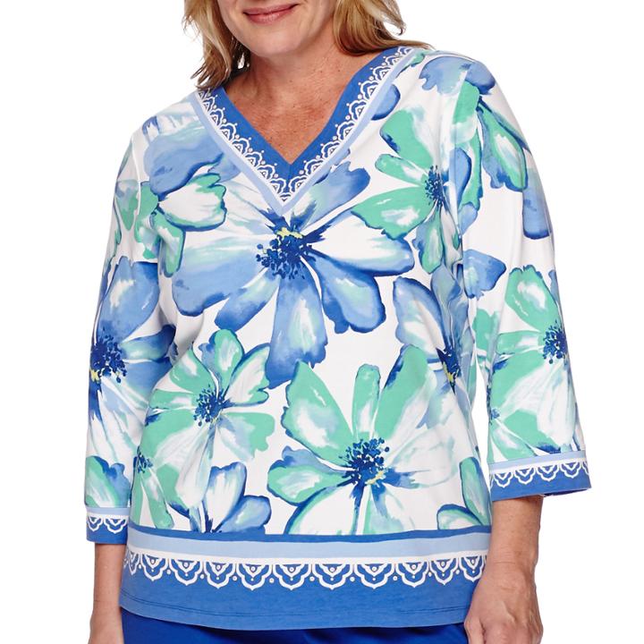 Alfred Dunner Tropical Punch 3/4-sleeve Floral Border Tee - Plus