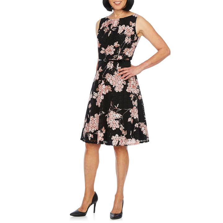 Black Label By Evan-picone Sleeveless Floral Lace Fit & Flare Dress