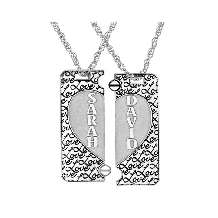 Personalized Sterling Silver Couples Name Heart Dog Tag Pendant Set