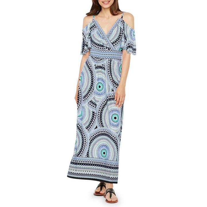 London Times Short Sleeve Geometric Maxi Dress-petites