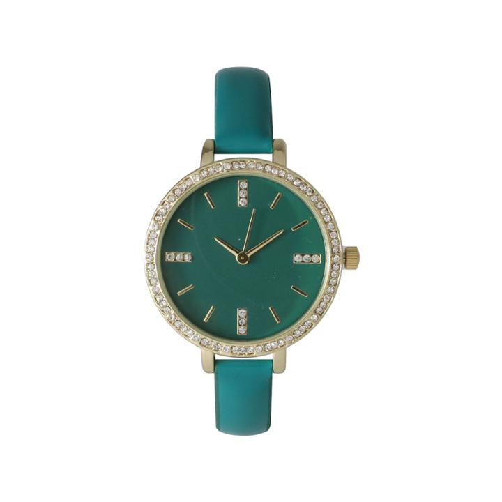 Olivia Pratt Womens Rhinestone Bezel Rhinestone Dial Teal Leather Watch 15321