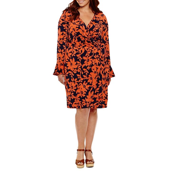 London Times Long Sleeve Floral Wrap Dress-plus