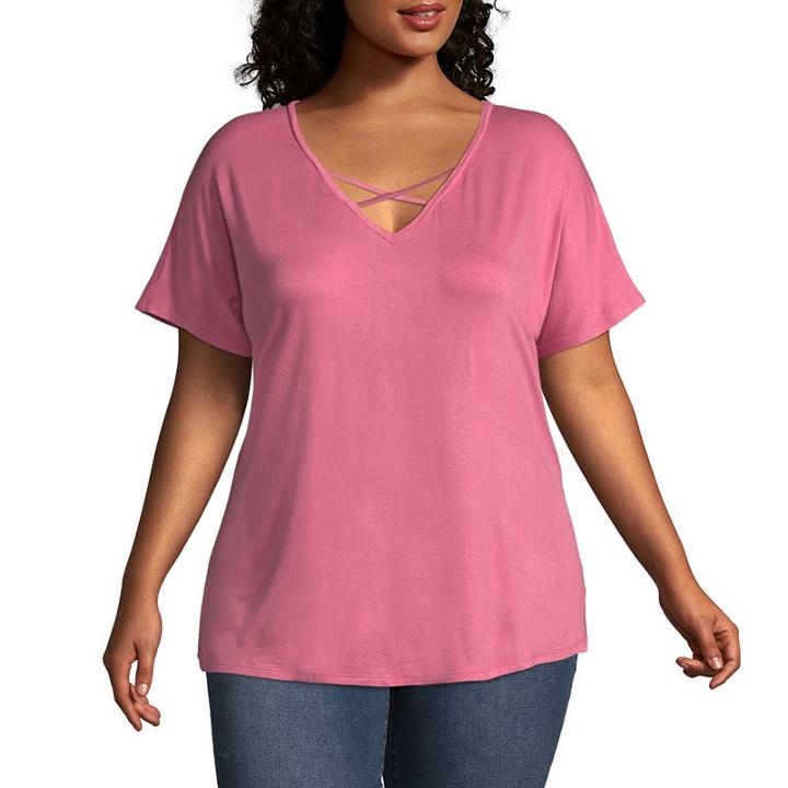 Boutique + Short Sleeve V Neck Stripe T-shirt - Plus