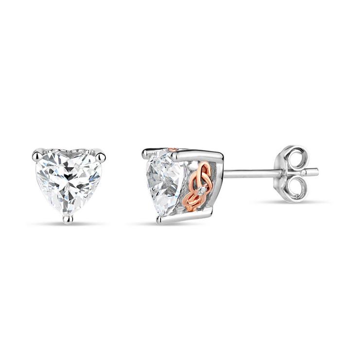 Sterling Silver Two-tone Heart Filligree Sides Stud Earrings Featuring Swarovski Zirconia