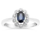Womens Diamond Accent Genuine Sapphire Blue Sterling Silver Flower Cocktail Ring