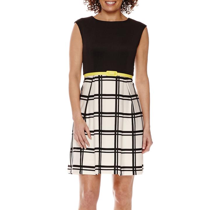 Studio 1 Sleeveless Window Pane Belted Fit-and-flare Dress - Petite