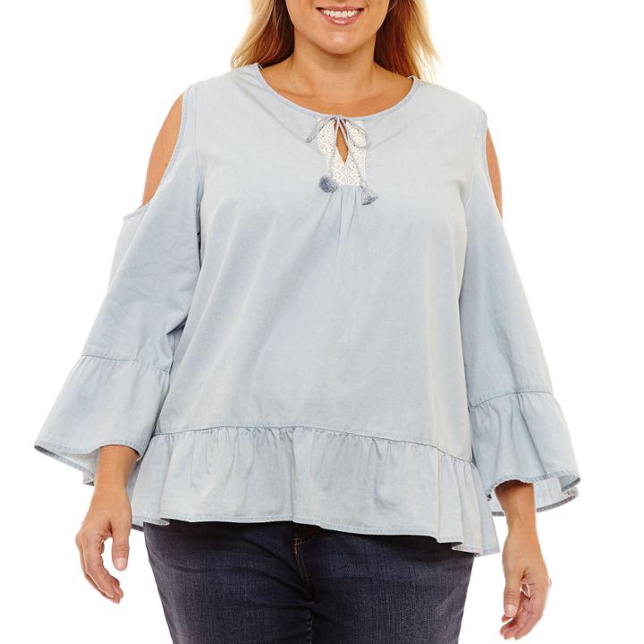 St. John's Bay 3/4 Sleeve Ruffle Cold Shoulder Blouse-plus